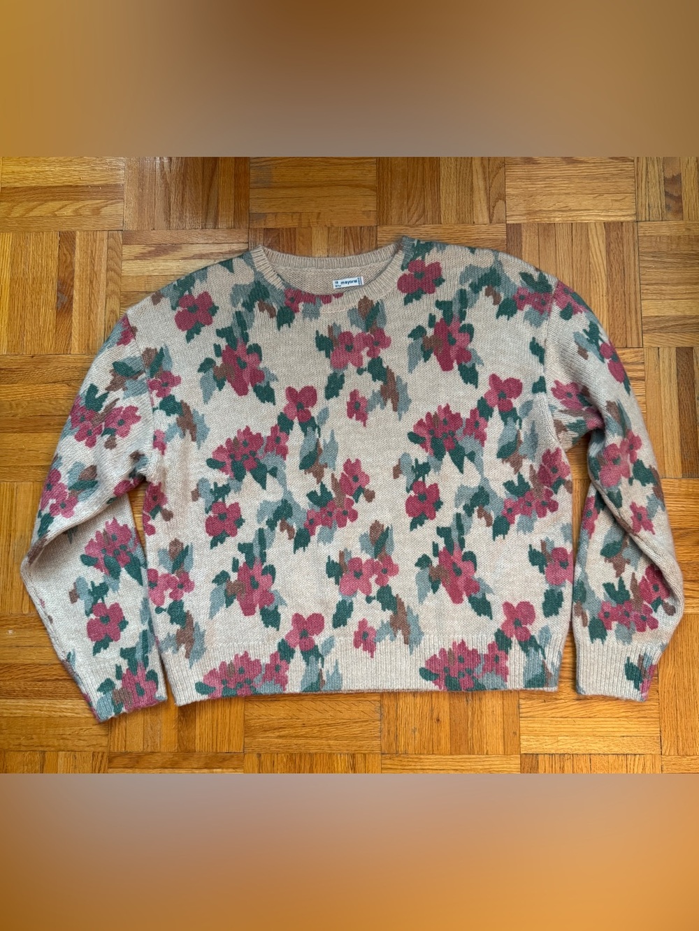 Mayoral Beige Crewneck Sweater with Pink Floral Print